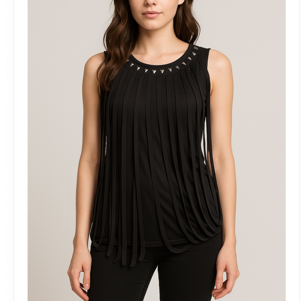 Women’s Stretchy Hot Topic Black Fringe Built Bra Tank Top Blouse